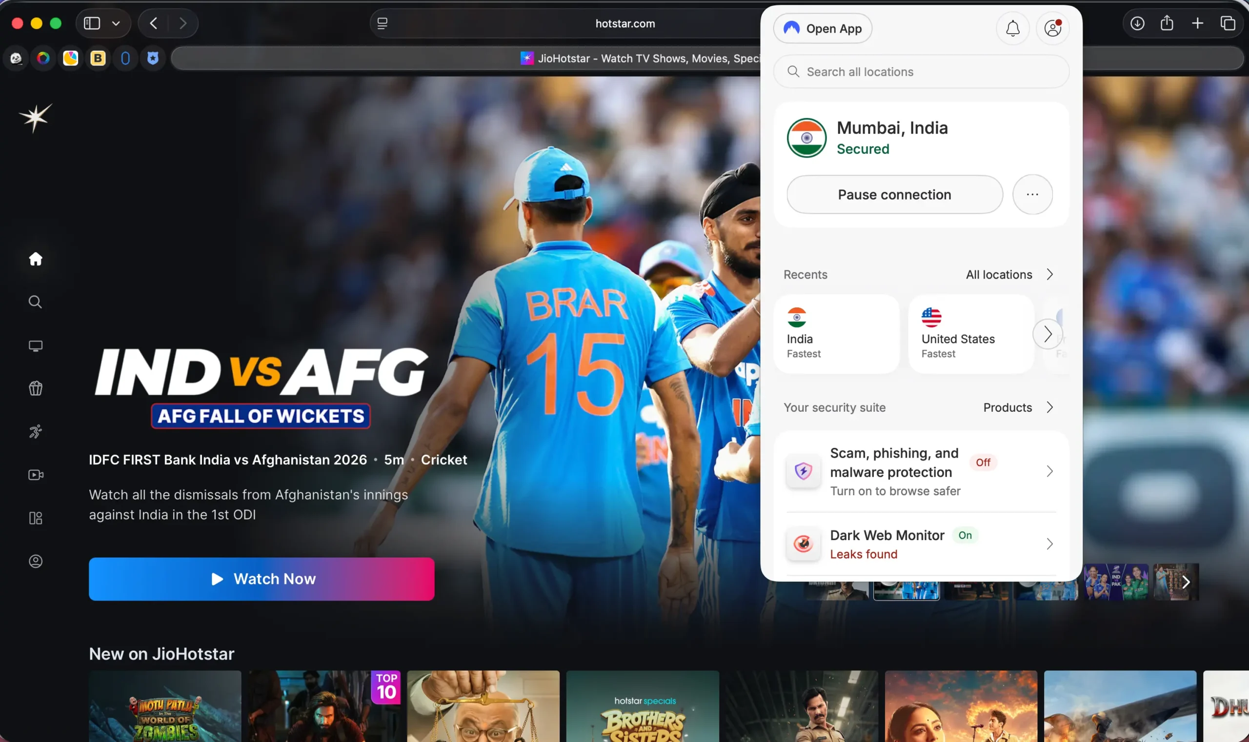 Unblock JioHotstar with NordVPN | Venclikovi.com NordVPN connected to Mumbai India server while watching JioHotstar cricket live stream IND vs AFG