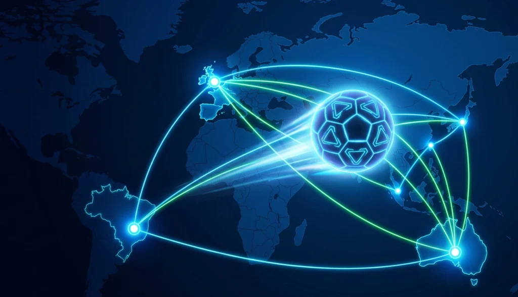 world-cup-2026-free-stream-vpn-global | Venclikovi.com Digital world map with glowing VPN connection lines linking UK, Brazil and Australia for free World Cup 2026 streaming
