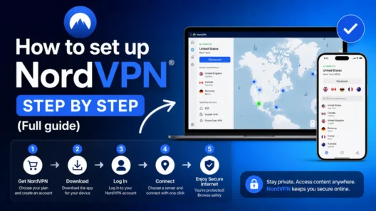 Infographic showing how to set up NordVPN in five steps: get a plan, download the app, log in, connect to a server and browse securely, shown on a laptop and phone.
