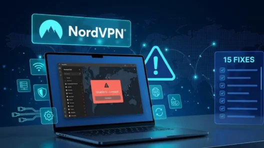A photorealistic image of a laptop with a 'NordVPN Unable to connect' error, featuring troubleshooting icons and a checklist of fixes