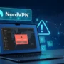 A photorealistic image of a laptop with a 'NordVPN Unable to connect' error, featuring troubleshooting icons and a checklist of fixes