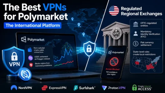 Illustration showing the best VPNs for Polymarket, featuring a laptop with the Polymarket platform, VPN security shields, a world map, cryptocurrency and Polygon network graphics, plus a section highlighting regulated regional exchanges with KYC verification, fiat settlement, and geographic restrictions.